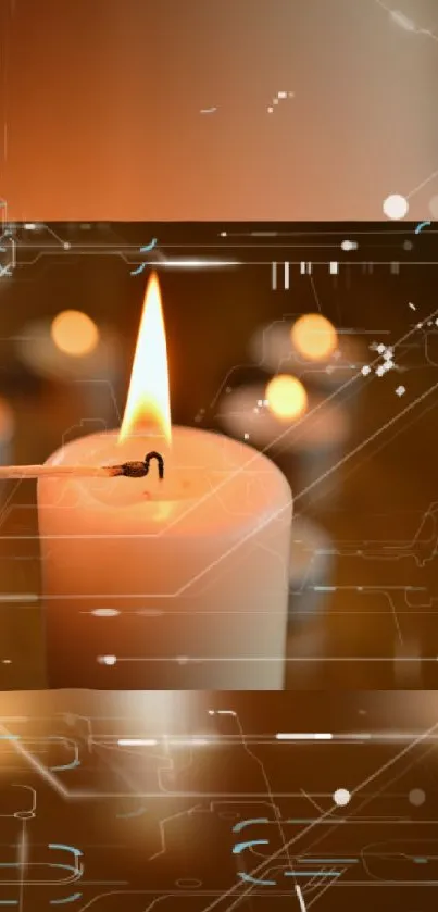 A glowing candle with digital patterns and a warm ambiance.