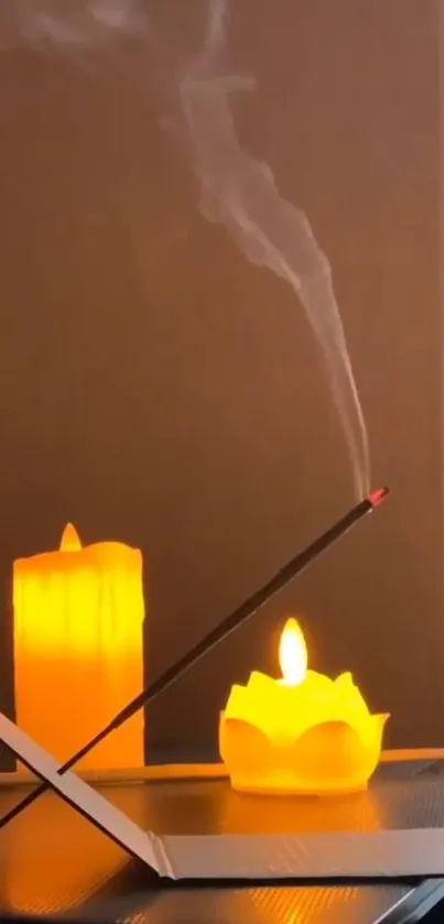 Warm candlelit scene with incense smoke on a serene background.