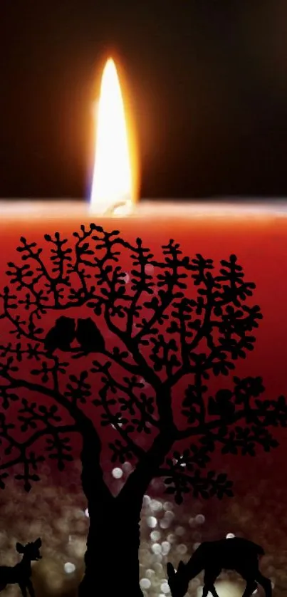 Candle flame with a tree silhouette and animals in dark red ambiance.