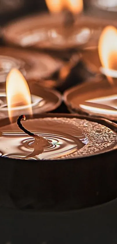 Multiple tealight candles glowing warmly in a serene arrangement.