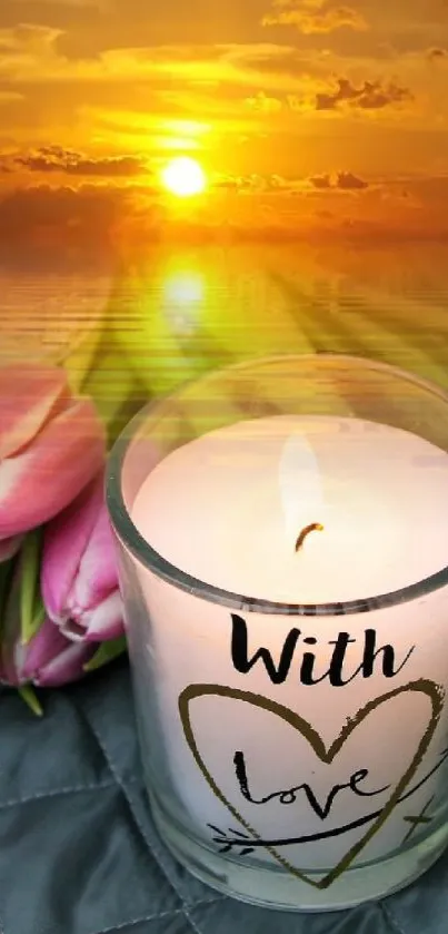 Candle with tulips and sunset in a serene wallpaper.