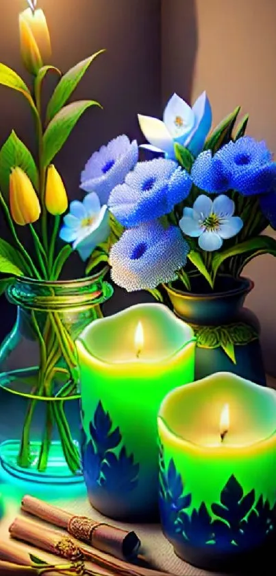 Mobile wallpaper with glowing candles and vibrant flowers in calming colors.