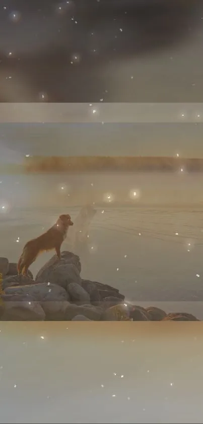 Dog by a misty lake with warm tones and sparkling stars in a serene setting.