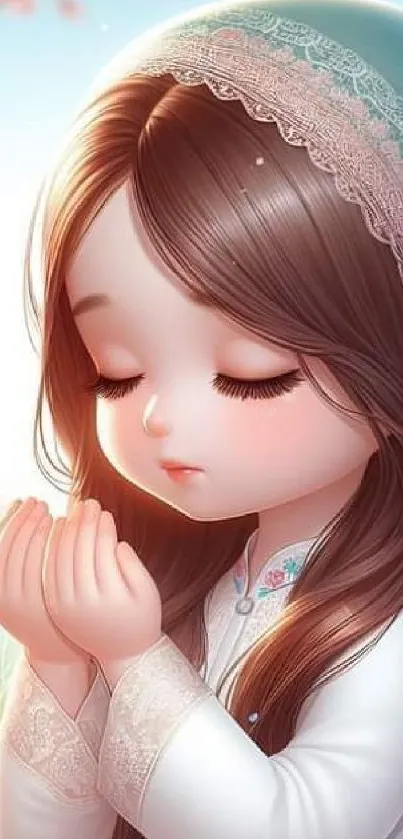 Serene cartoon girl with closed eyes, pastel colors.