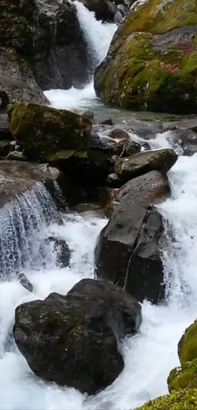 Serene waterfall cascading over moss-covered rocks.