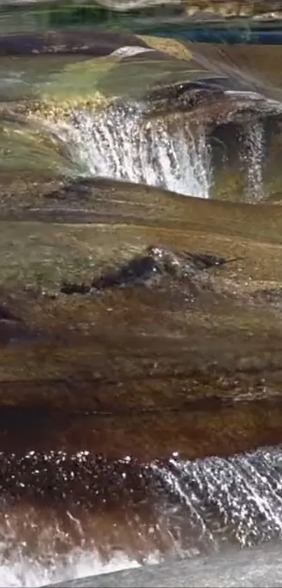 Cascading waterfall over rocks with serene natural scenery.