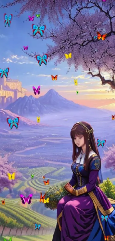 Anime-style art with a castle, mountains, and a figure in purple under cherry blossoms.