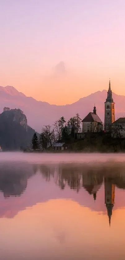 Serene castle by a lake at sunset with misty reflections.