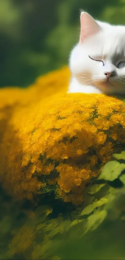 White cat sleeping among bright yellow flowers, creating serene scene.