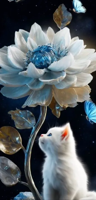 White cat with blue flower and butterflies wallpaper.