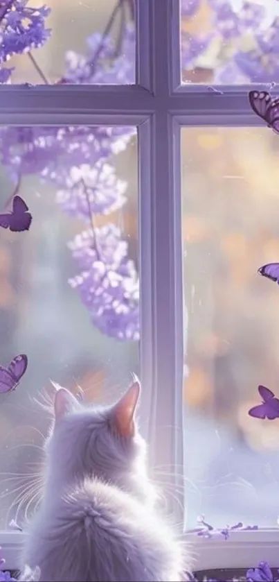 White cat gazing at purple butterflies through a floral window.