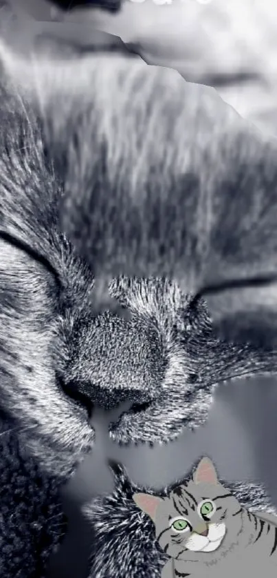 Grayscale sleeping cat with cartoon kitten.