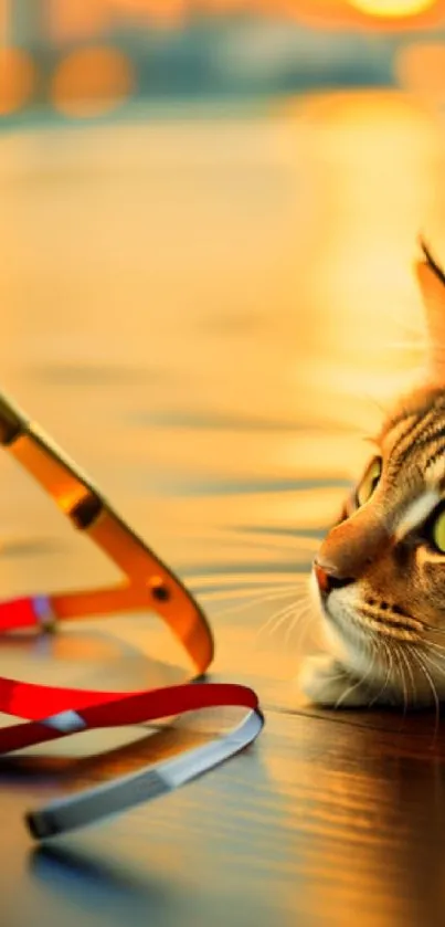 A curious cat gazes at sunset reflections with warm golden tones.