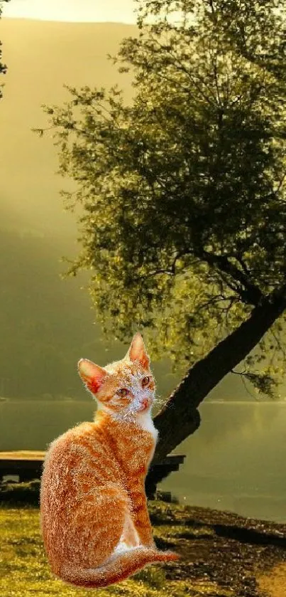 Ginger cat sitting by a tranquil lake with golden hues and lush greenery.