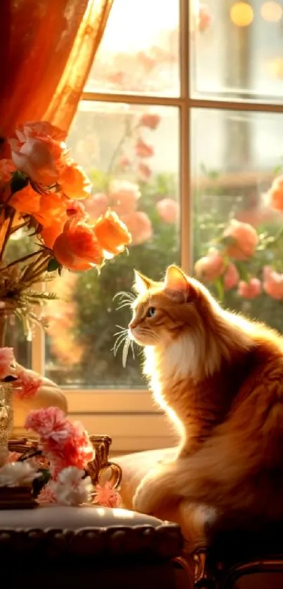 Ginger cat basking by a sunlit window with roses in a cozy setting.