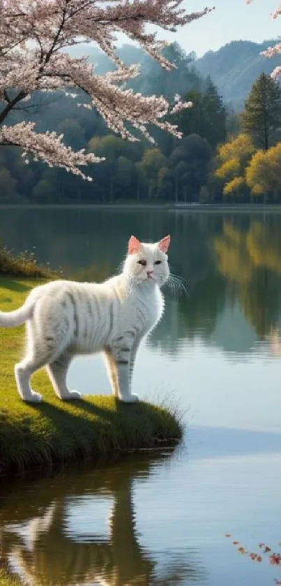 White cat by a lake with cherry blossoms.