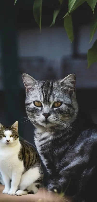 Two cats amidst greenery create a calming wallpaper.