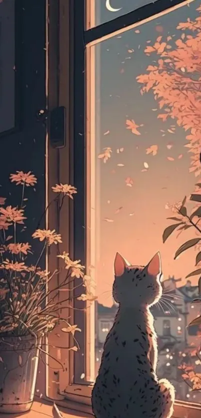 Cat gazes out window at sunset, surrounded by flowers.