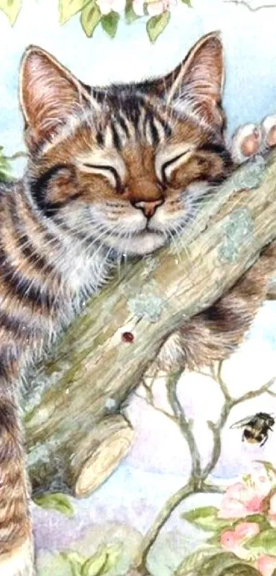 Charming cat resting on a blossom tree branch in watercolor style.