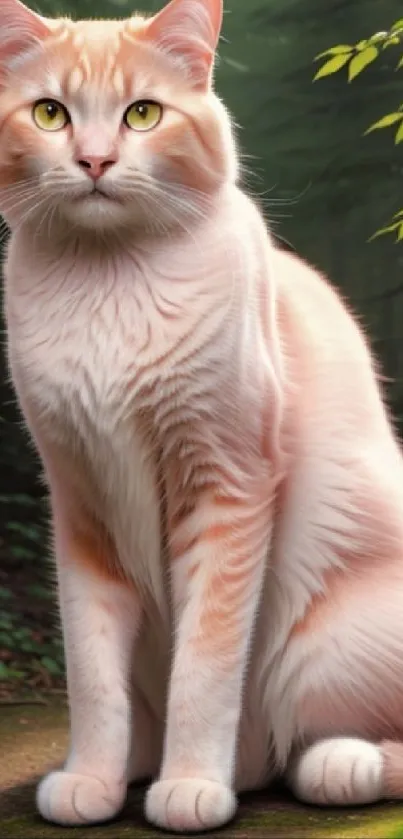 Peach cat sitting calmly in a lush green forest.