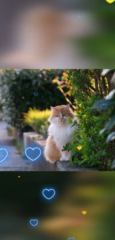 Fluffy cat in a green garden with colorful heart accents.