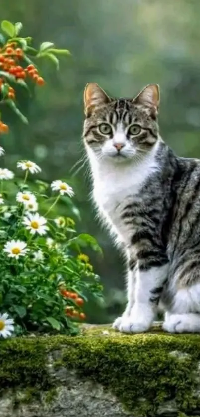 Tabby cat sitting in a vibrant garden with flowers and foliage.