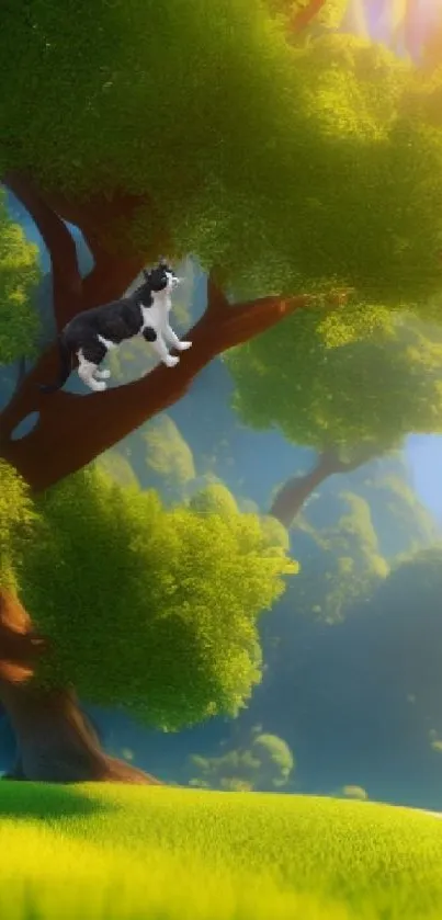 Cat resting in sunlit lush forest, green scenery.