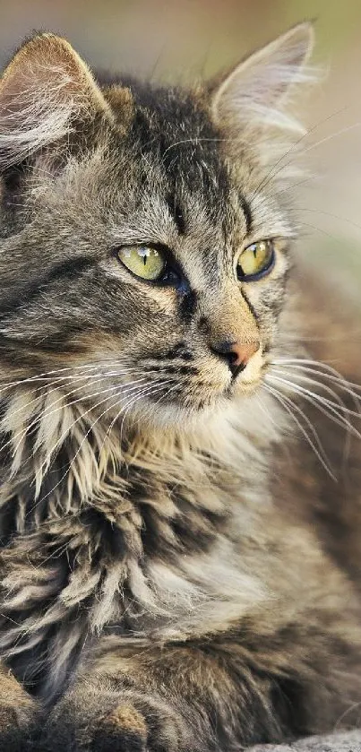 Peaceful fluffy cat resting outdoors with natural background.