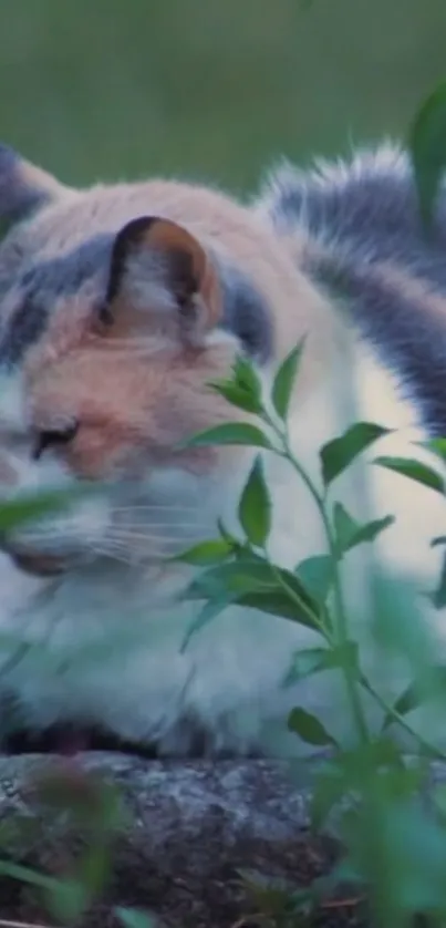 Serene cat resting in lush green foliage, creating a tranquil mobile wallpaper.