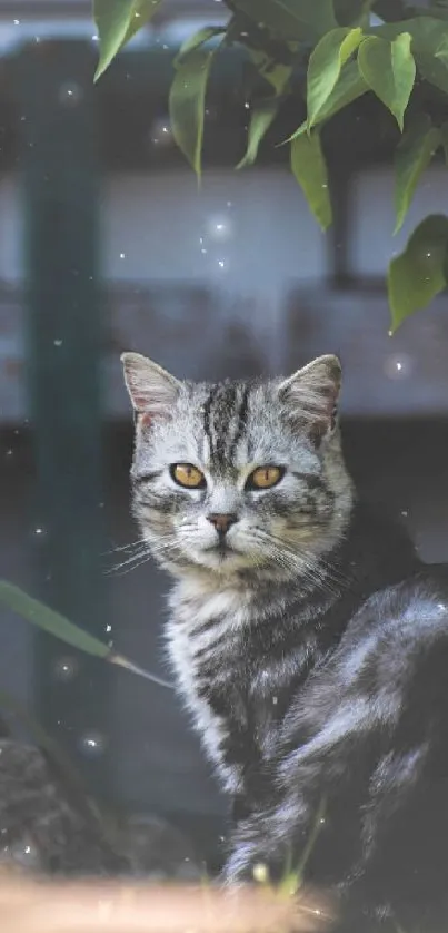 Grey cat under a tree, nature wallpaper.