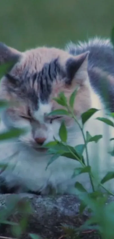 Serene calico cat relaxing in lush green natural setting.