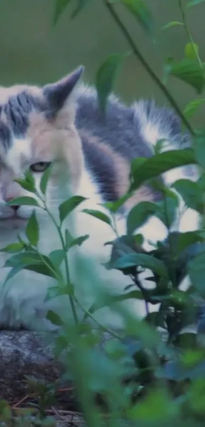 Serene cat resting among lush green leaves in a natural setting.