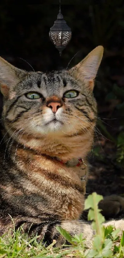 Tabby cat basking in sunlight with greenery.