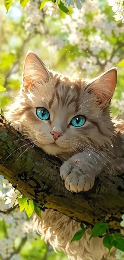 Cute cat lying on a tree branch with spring blossoms.