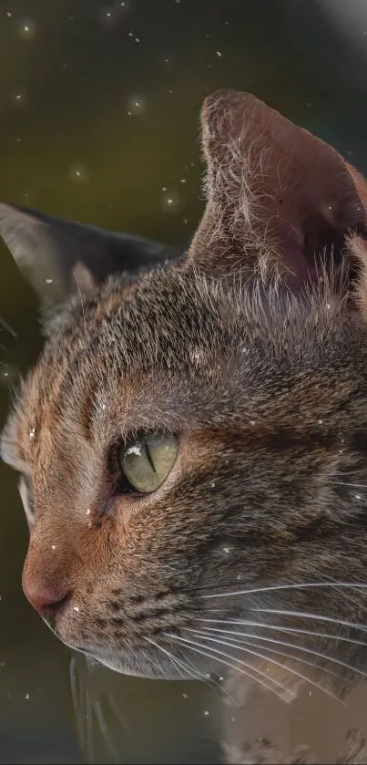 Close-up portrait of a tabby cat with green eyes against a soft olive background.