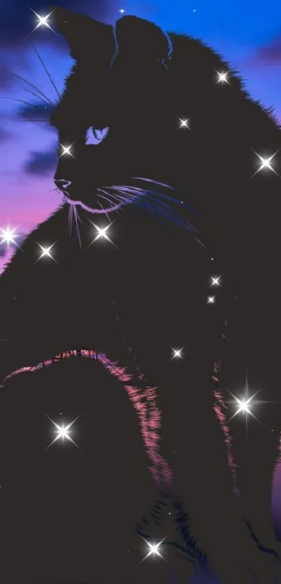 Cat silhouette against vibrant sunset with purple hues and tranquil water.