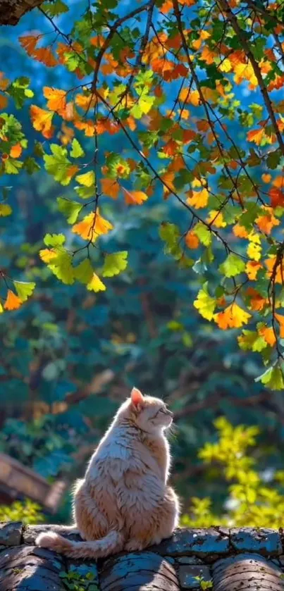 Fluffy cat on a rooftop under colorful autumn leaves.