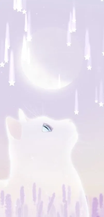 White cat under moonlight with lavender background.