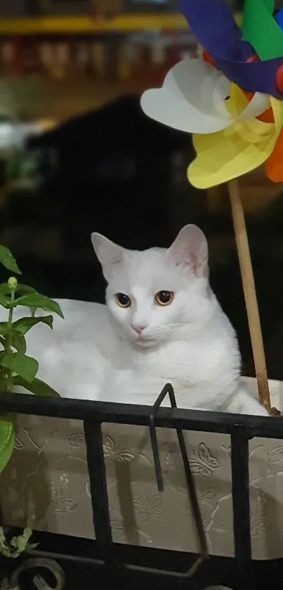 White cat resting beside a colorful windmill and flower pot in a serene setting.