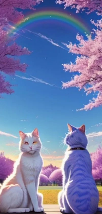 Two cats sit under cherry blossoms against a colorful sunset.