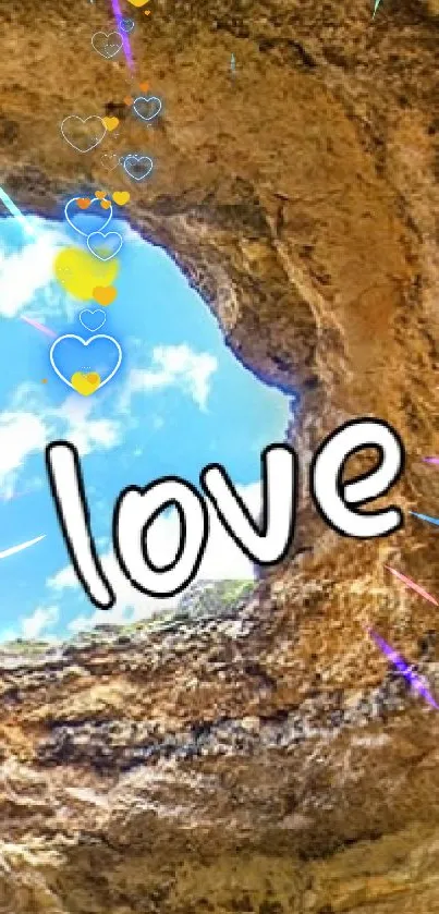 Serene beach cave with ocean view and love inscription.