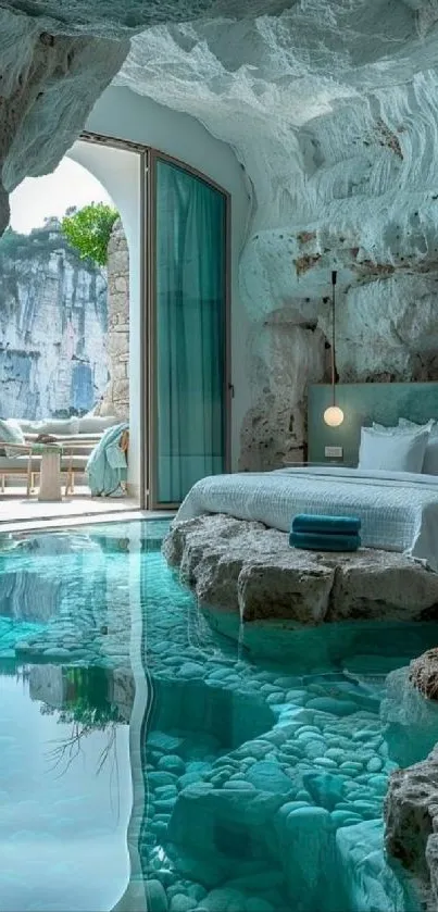 Cave bedroom with turquoise pool and natural rock walls.