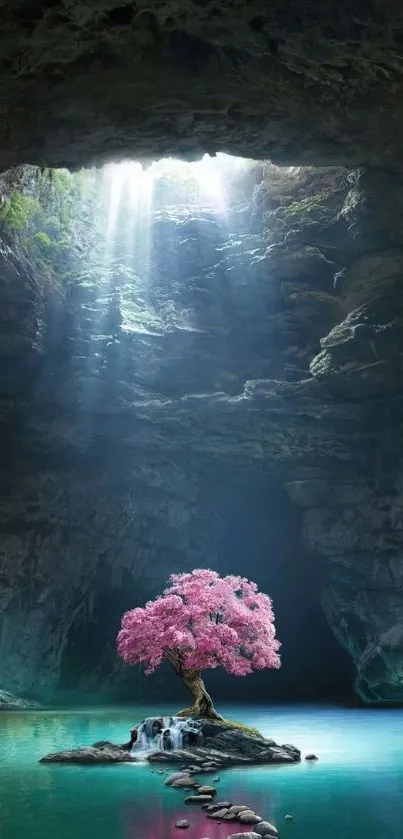 Wallpaper of a pink tree in a tranquil cave with sunlight.