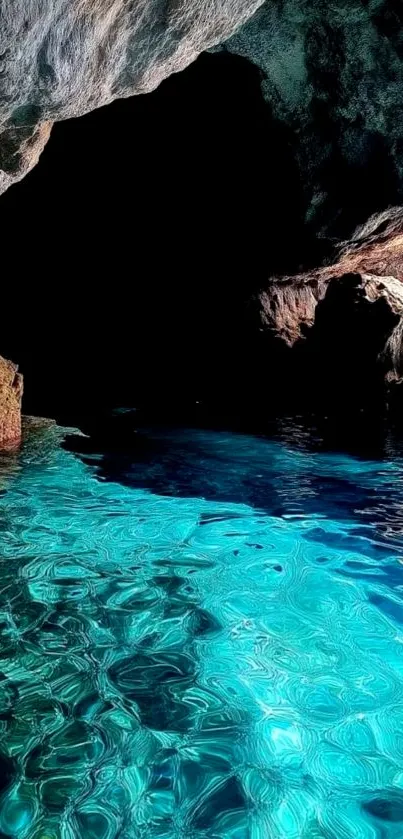 Tranquil cave with turquoise waters reflecting light.