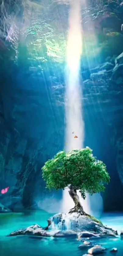 A tree in a cave with a waterfall glowing softly.