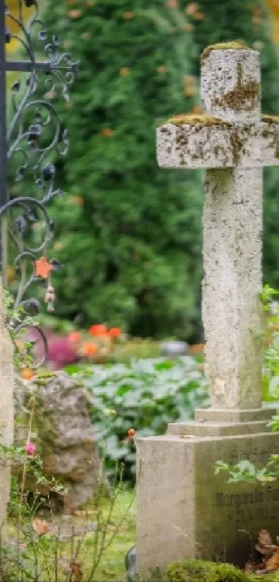 Stone cross and greenery in a serene cemetery setting.