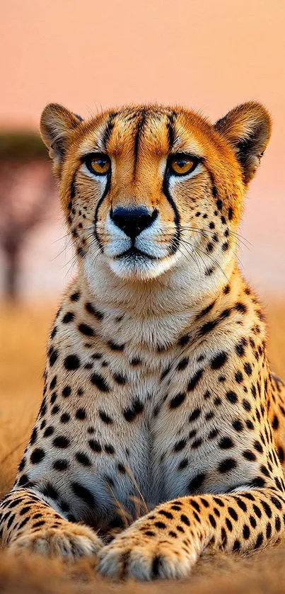 A cheetah resting in the savannah at sunset, creating a serene wildlife scene.