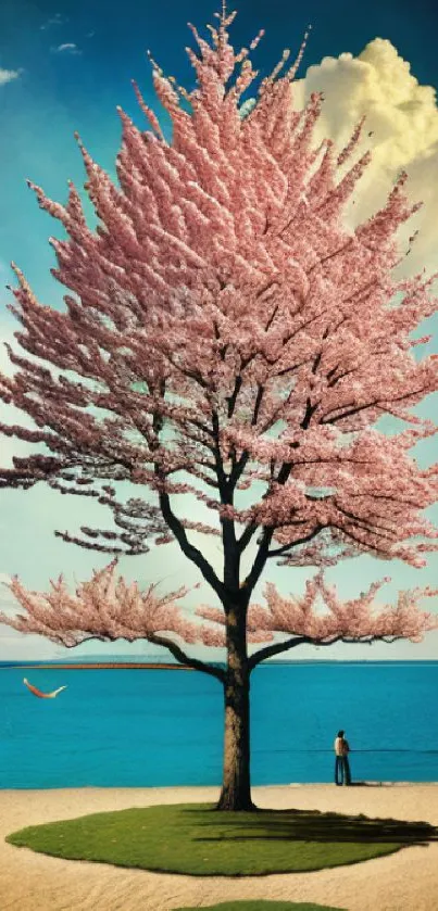 Cherry blossom tree on a serene beach with a blue sky.