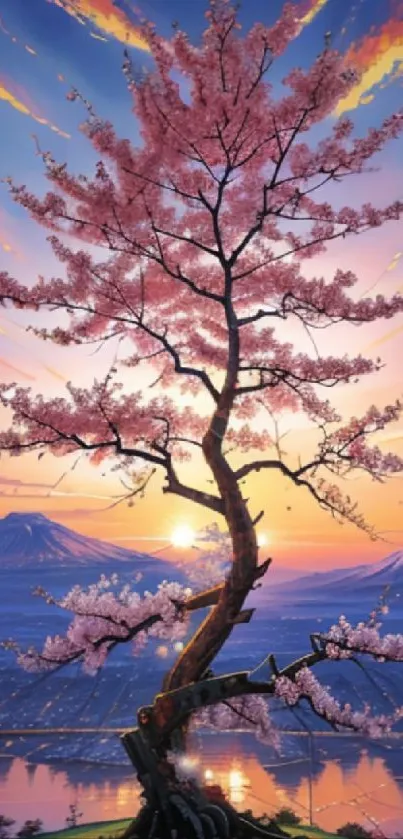 Cherry blossom tree against vibrant sunset with mountains in the background.