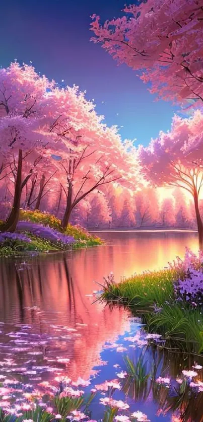 Serene cherry blossom trees reflecting in a peaceful lake under a twilight sky.